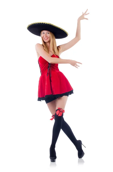 Modelo em vestido vermelho vestindo sombrero — Fotografia de Stock