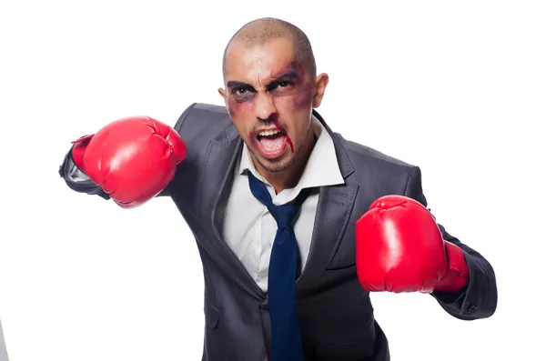 Malamente golpeado empresario con guantes de boxeo —  Fotos de Stock
