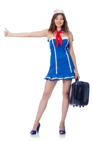 Woman travel attendant with suitcase — Stock Photo, Image