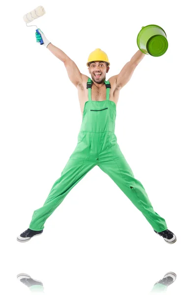 Painter in green coveralls on white — Stock Photo, Image