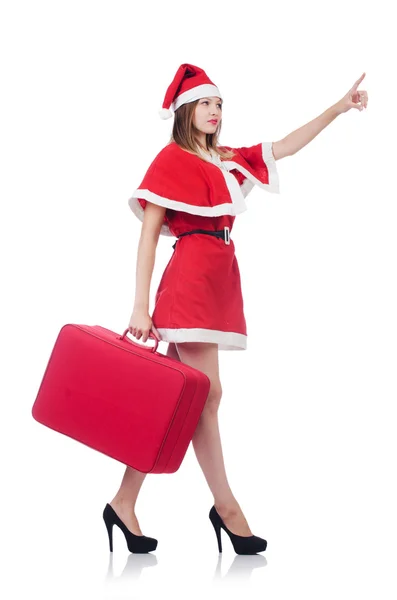 Giovane donna in costume da Babbo Natale rosso con valigia — Foto Stock