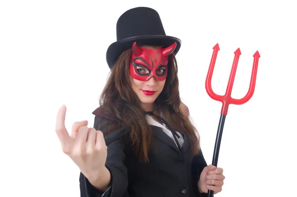 Femme portant costume diable et trident — Photo