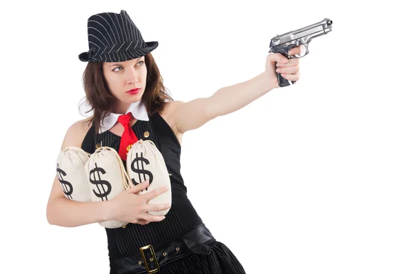 Vrouw gangster met pistool en geld — Stockfoto