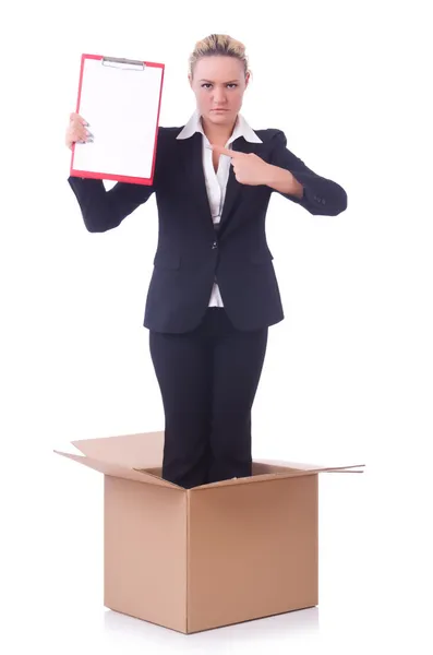 Woman with paper pad out of box — Stock Photo, Image