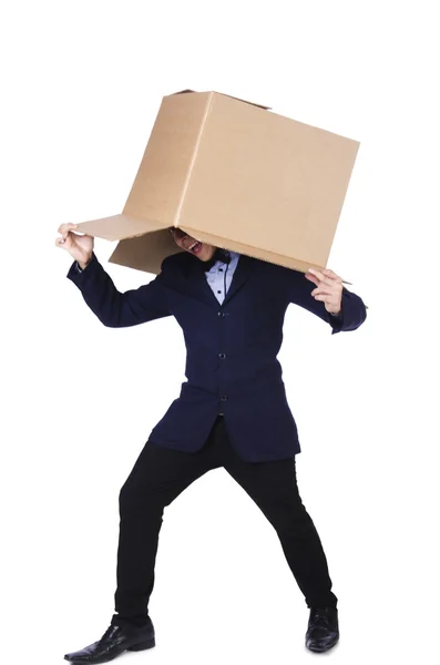 Businessman with box isolated on the white — Stock Photo, Image