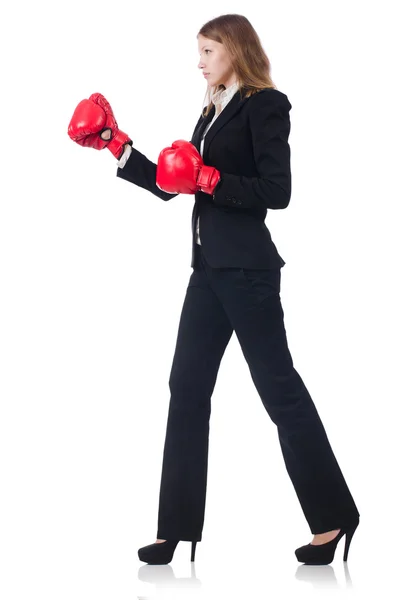 Kobieta z Rękawice bokserskie na biały — Zdjęcie stockowe