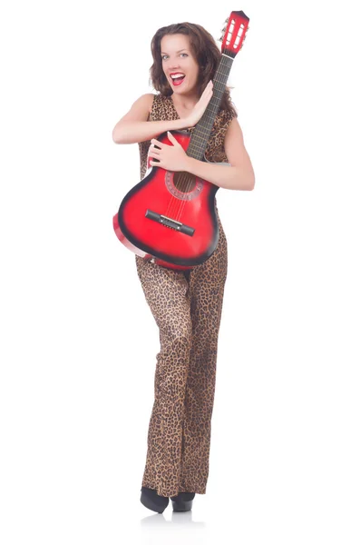 Woman in leopard clothing on white with guitar — Stock Photo, Image