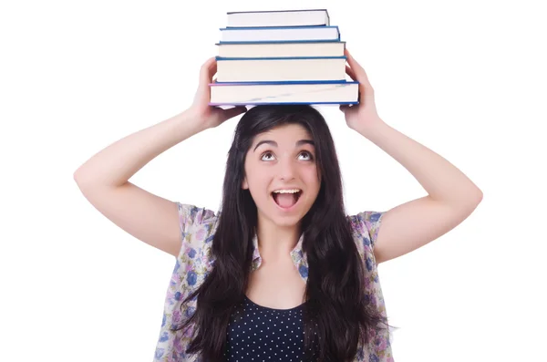 Young female student with books on white — Stock Photo, Image