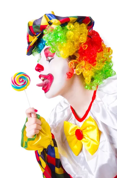 Clown with lollipops isolated on white — Stock Photo, Image