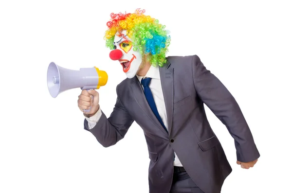 Businessman clown with loudspeaker — Stock Photo, Image