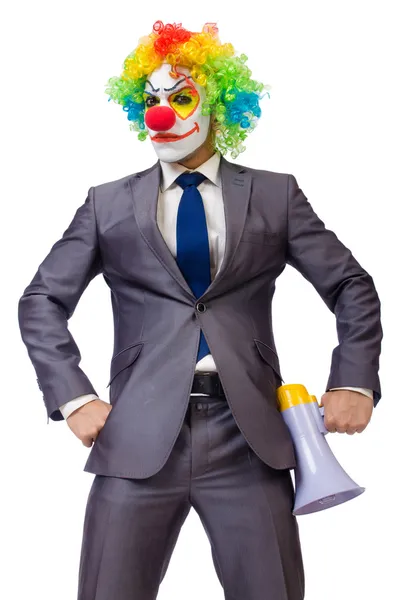 Podnikatel klaun s reproduktor — Stock fotografie