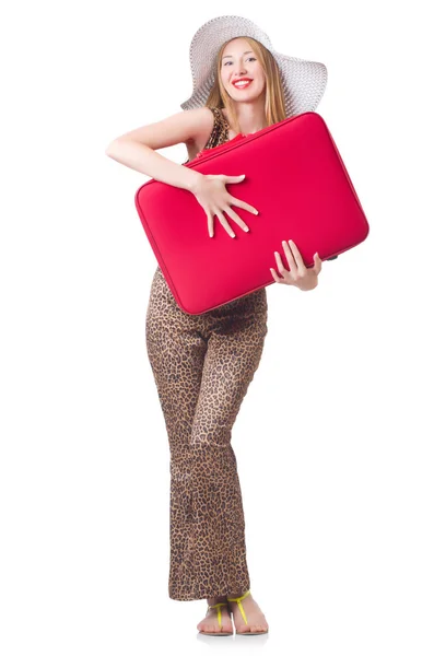 Jeune femme avec valise rouge — Photo