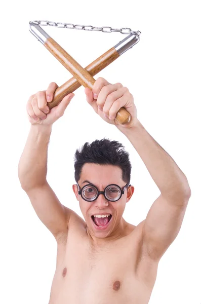 Chico divertido con nunchucks — Foto de Stock