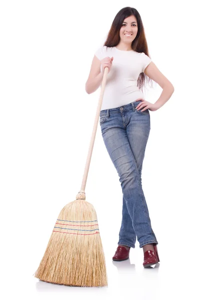 Young woman with broom — Stock Photo, Image