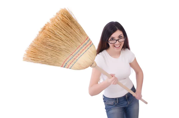 Young woman with broom — Stock Photo, Image