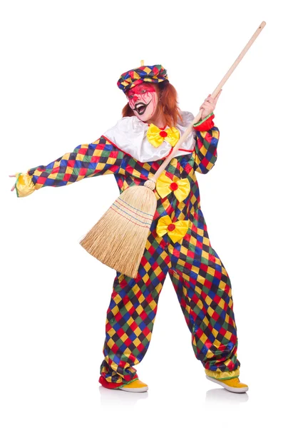 Clown con scopa isolata su bianco — Foto Stock