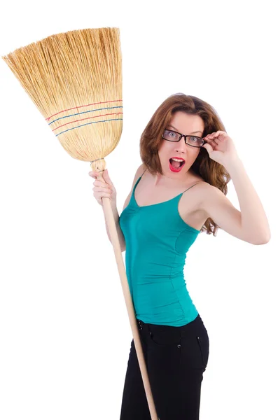 Young woman with broom — Stock Photo, Image