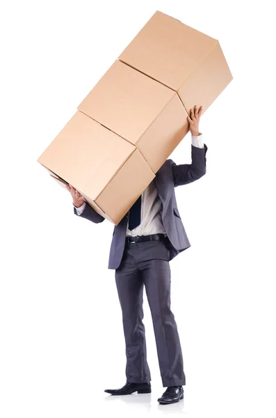 Businessman with boxes isolated on the white — Stock Photo, Image