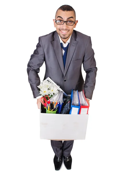Man being fired with box of personal stuff — Stock Photo, Image