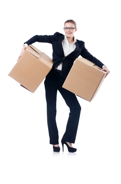 Businesswoman with boxes — Stock Photo, Image