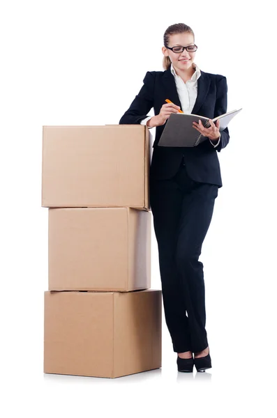 Mulher empresária com caixas — Fotografia de Stock