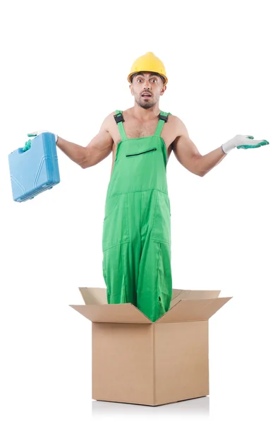 Mannen i overaller i låda — Stockfoto