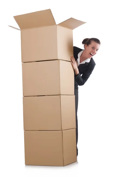 Businesswoman with boxes — Stock Photo, Image