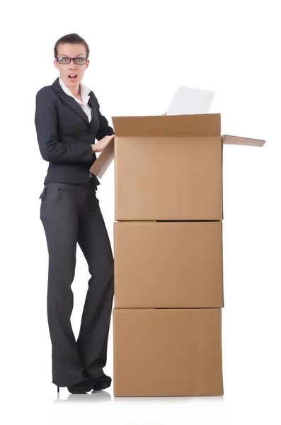 Donna donna d'affari con scatole — Foto Stock