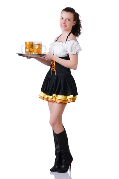 Young waitress with beer — Stock Photo, Image