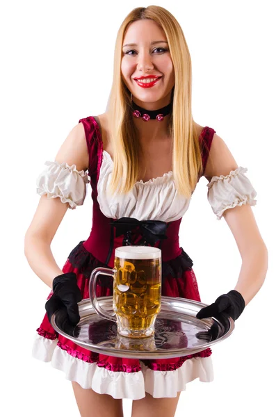 Young waitress with beer — Stock Photo, Image