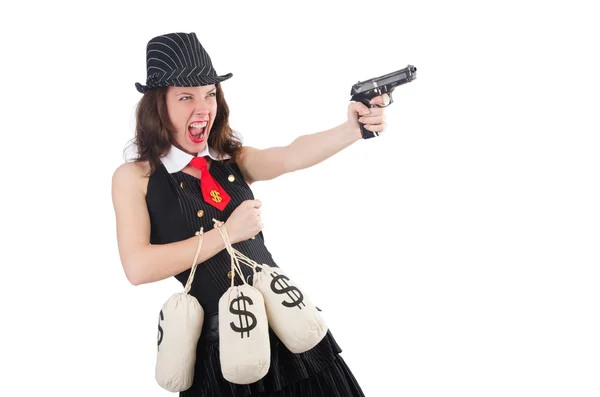 Woman gangster with gun and money — Stock Photo, Image