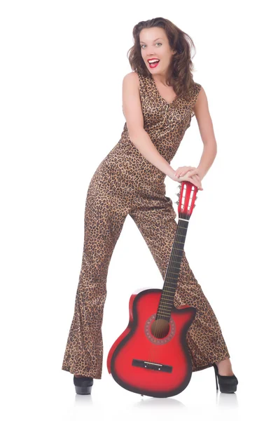 Woman in leopard clothing on white with guitar — Stock Photo, Image