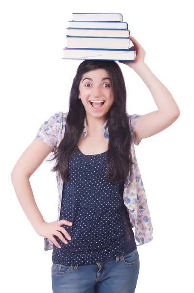 Young female student with books on white — Stock Photo, Image