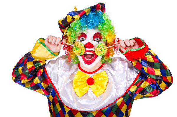 Clown with lollipops isolated on white