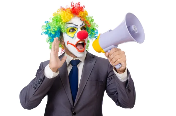 Zakenman clown met luidspreker — Stockfoto