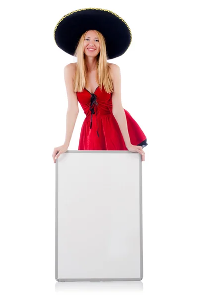 Mujer con sombrero sombrero y tablero en blanco —  Fotos de Stock