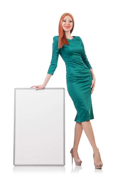 Woman in green dress with blank board — Stock Photo, Image