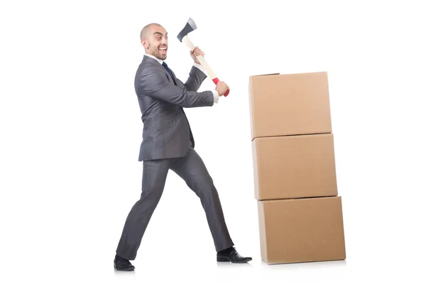 Man with axe and boxes — Stock Photo, Image
