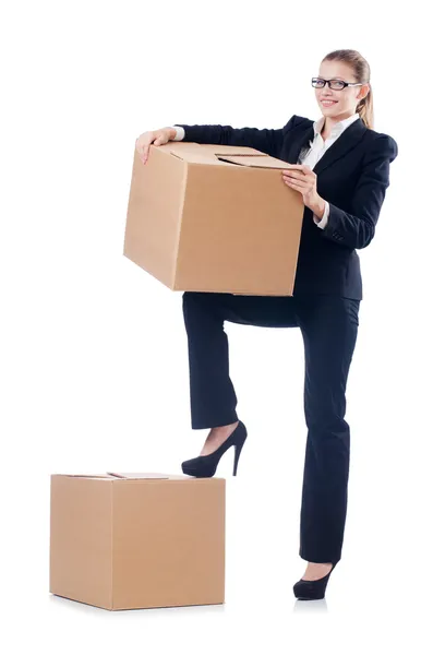 Businesswoman with boxes — Stock Photo, Image