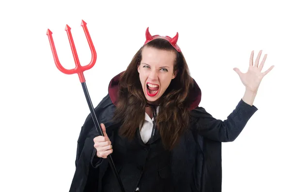 Kvinne iført djevelkostyme og trefork – stockfoto