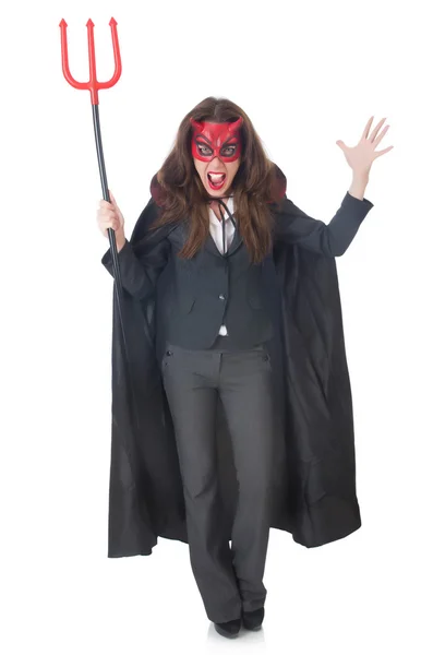 Şeytan kostümü ve mızrak giyen bir kadın. — Stok fotoğraf