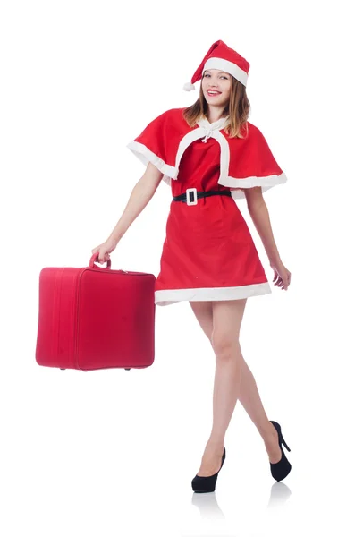 Young woman in red santa costume with suitcase — Stock Photo, Image