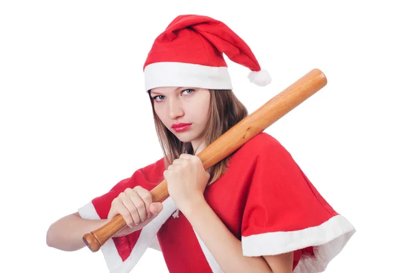 Jovem mulher no vermelho santa traje — Fotografia de Stock