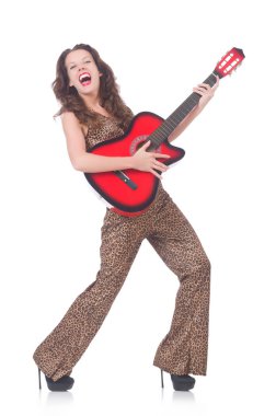 Leopar giysili kadın beyaz gitarlı.