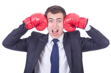 Boks eldivenli genç iş adamı