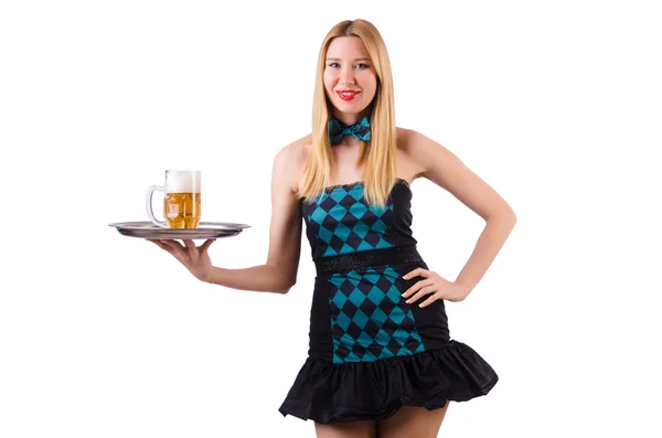 年轻女服务员与啤酒 — 图库照片