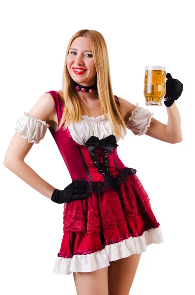 Young waitress with beer — Stock Photo, Image