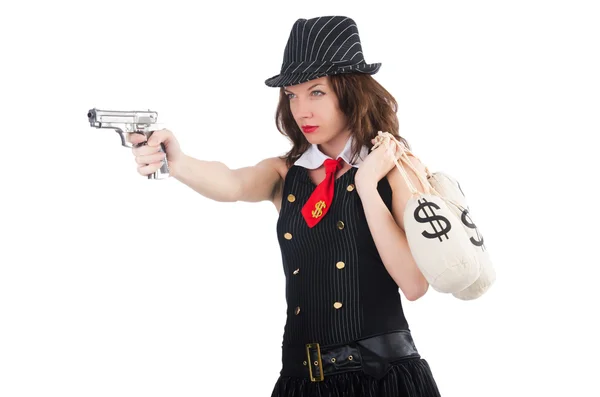 Woman gangster with gun and money — Stock Photo, Image