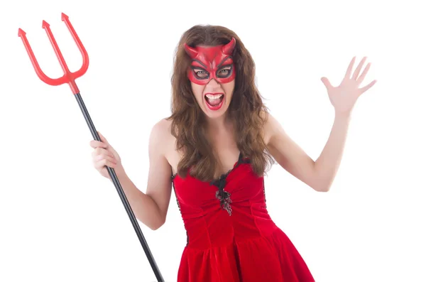 Cadılar Bayramı konseptinde kırmızı şeytan gibi bir kadın — Stok fotoğraf