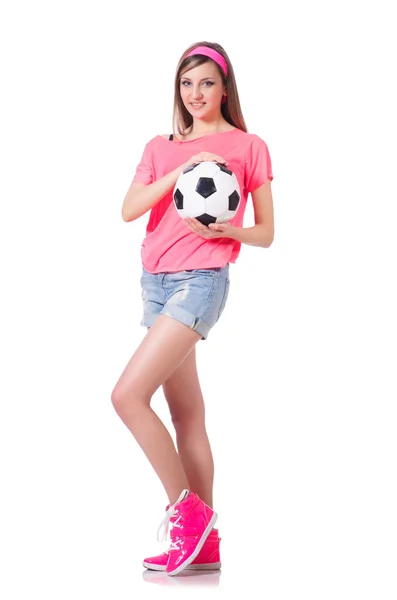 Woman with football on white — Stock Photo, Image